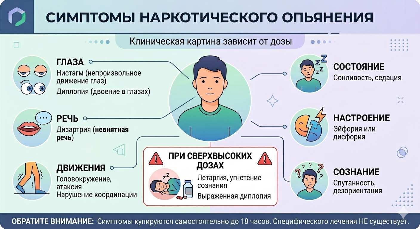Лечение зависимости от габапентина. Инфографика симптомов наркотического опьянения: физические признаки (нистагм, тремор, дизартрия) и психические состояния (спутанность сознания, сонливость). Информация о течении интоксикации.